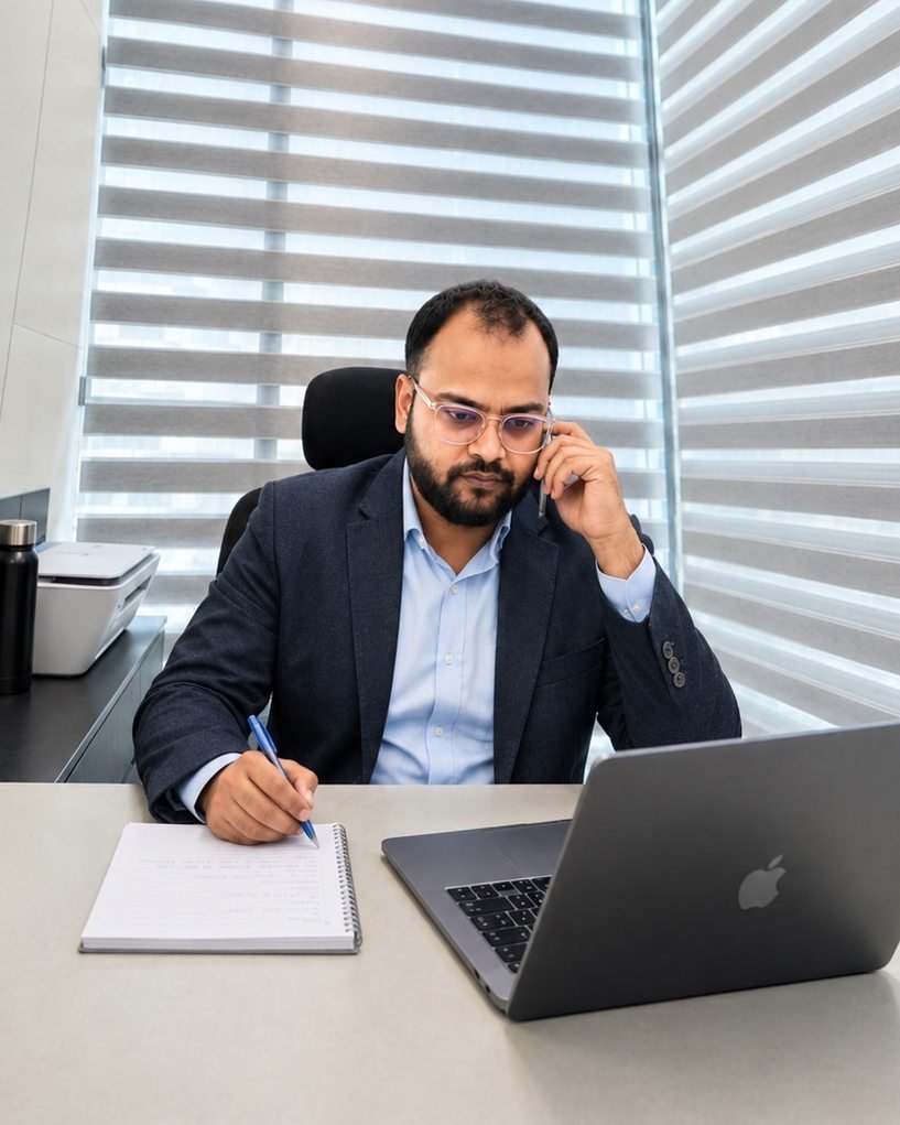 Dan Smith, Director of Webinfoys, at a desk in the office, taking a phone call and writing notes beside a laptop