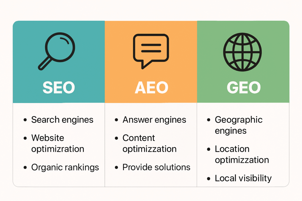SEO vs GEO vs AEO Digital Optimization Strategies for 2025